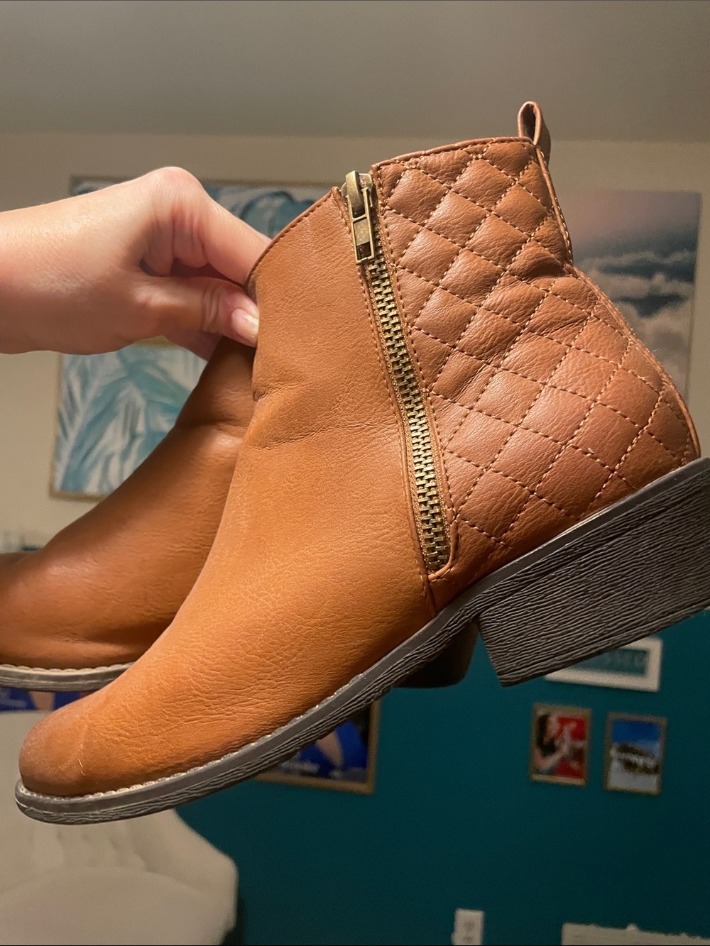 Quilted Side-Zip Ankle Boots - Tan